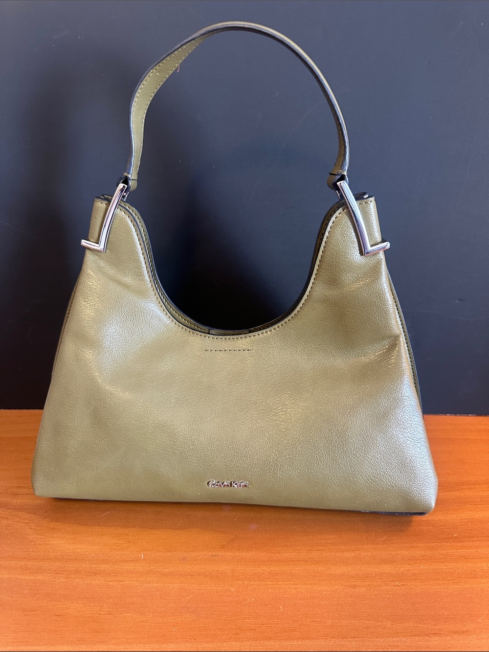 Calvin Klein Olive Green Pebbled Leather Shoulder Bag with Silver Hardware